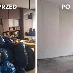 Usługi transportowe, przewóz rzeczy, wywóz odpadów - Opróżnianie mieszkania w Elblągu: zdjęcie 'przed' z workami i 'po' z pustym pokojem. Widoczna różnica po usunięciu zawartości szaf i mebli.
