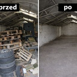 Usługi transportowe, przewóz rzeczy, wywóz odpadów - Zdjęcie 'przed i po' przedstawia wnętrze magazynu: zagracone paletami i oponami, a następnie puste, z czystą podłogą i ścianami. Widoczna konstrukcja dachu.