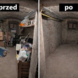 Usługi transportowe, przewóz rzeczy, wywóz odpadów - Piwnica przed i po sprzątaniu: zagracone pomieszczenie z rowerem, kartonami i puste, odnowione wnętrze z oknem. Efekt porządkowania przestrzeni.