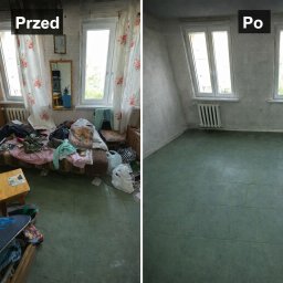 Usługi transportowe, przewóz rzeczy, wywóz odpadów - Zdjęcie 'przed i po' opróżniania mieszkania: zagracony pokój z książkami i meblami kontra puste, odświeżone wnętrze z dwoma oknami i grzejnikiem.