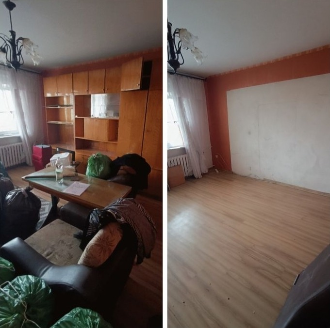 Opróżnione mieszkanie: widok pokoju przed i po usunięciu mebli i rzeczy. Po lewej zagracone wnętrze, po prawej puste, wysprzątane pomieszczenie z parkietem.
