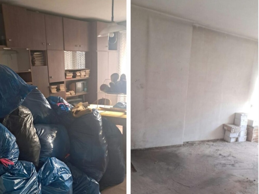 Opróżnione mieszkanie: po lewej pokój przed, z workami i meblami; po prawej pokój po opróżnieniu, z gołymi ścianami i podłogą. Widok na czyste, puste pomieszczenie.