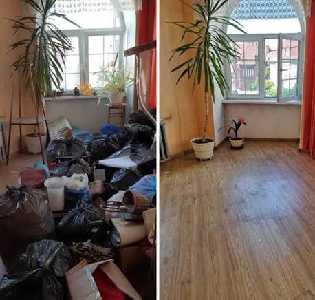 Opróżnione mieszkanie: widok pokoju przed i po sprzątaniu. Po lewej zagracony pokój, po prawej czysta podłoga i roślina w doniczce przy oknie.