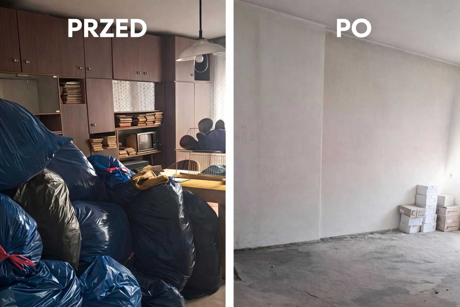 Opróżnianie mieszkania w Elblągu: zdjęcie 'przed' z workami i 'po' z pustym pokojem. Widoczna różnica po usunięciu zawartości szaf i mebli.