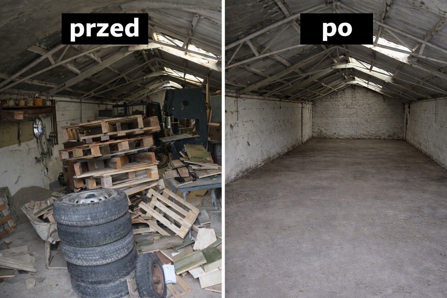 Zdjęcie 'przed i po' przedstawia wnętrze magazynu: zagracone paletami i oponami, a następnie puste, z czystą podłogą i ścianami. Widoczna konstrukcja dachu.
