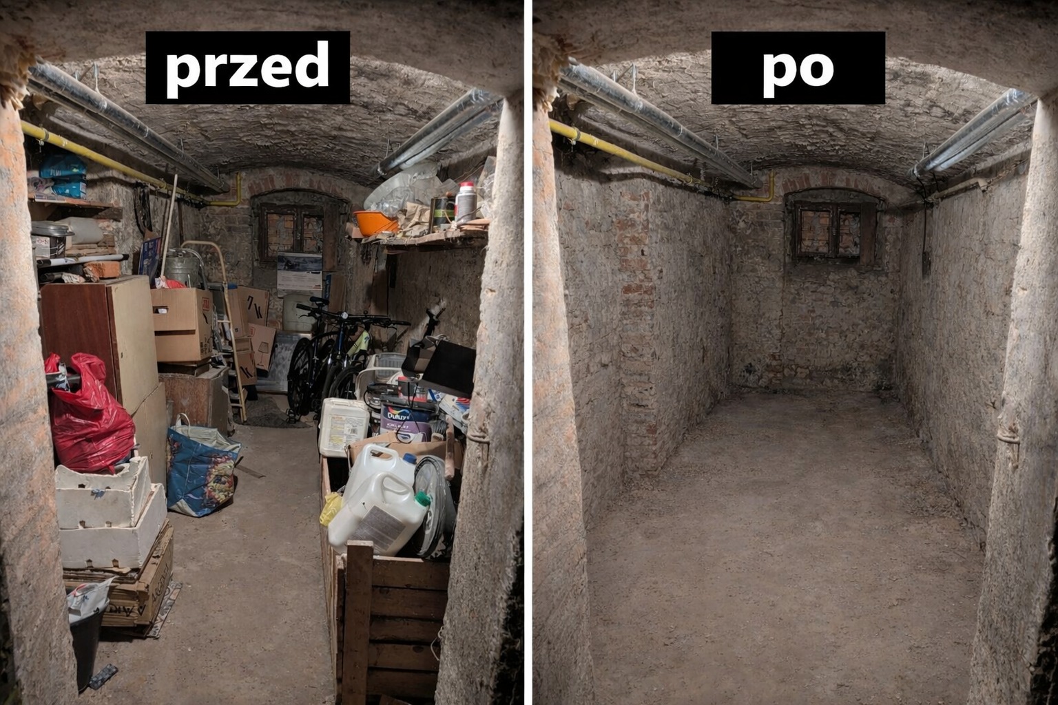 Piwnica przed i po sprzątaniu: zagracone pomieszczenie z rowerem, kartonami i puste, odnowione wnętrze z oknem. Efekt porządkowania przestrzeni.