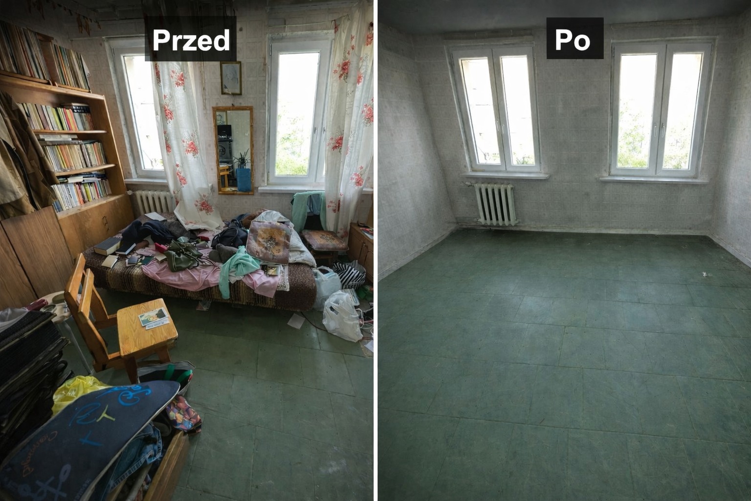 Zdjęcie 'przed i po' opróżniania mieszkania: zagracony pokój z książkami i meblami kontra puste, odświeżone wnętrze z dwoma oknami i grzejnikiem.