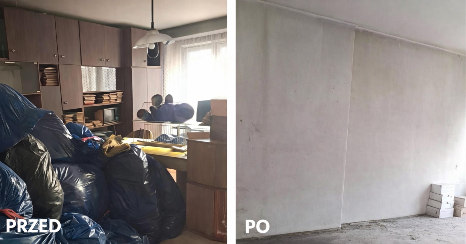 Zdjęcie 'przed i po' przedstawia pokój: zagracony workami i meblami, a następnie puste, odmalowane pomieszczenie z białymi ścianami i kartonami w rogu.
