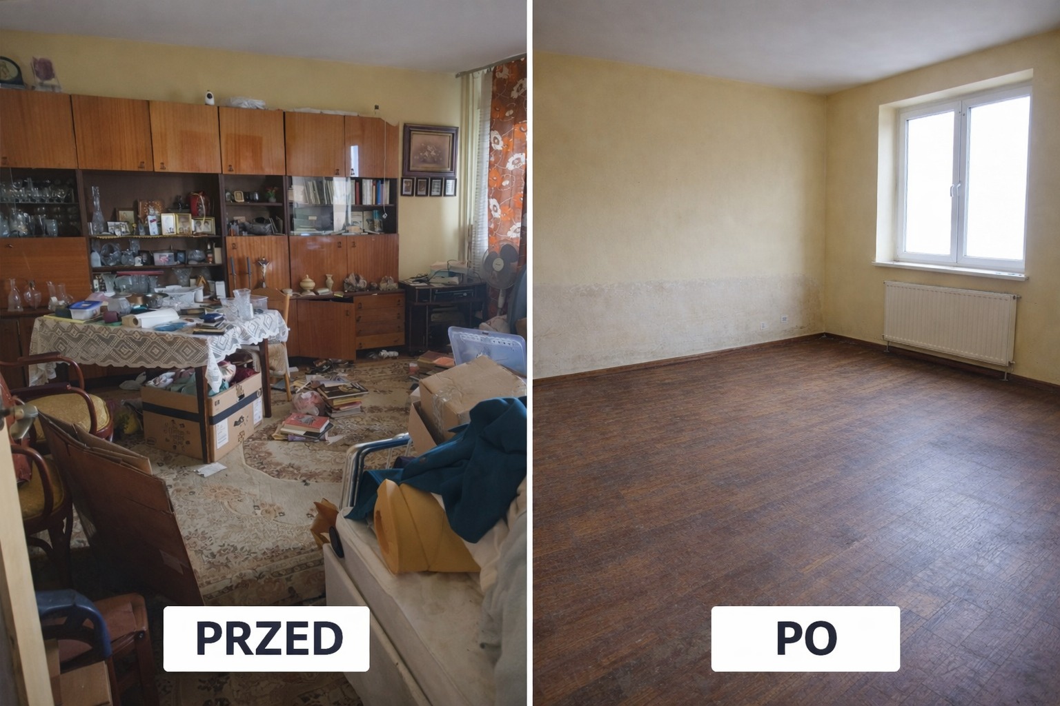 Zdjęcie 'przed i po' przedstawia pokój: zagracony, z meblami i rzeczami osobistymi, a następnie pusty, wysprzątany, z oknem i grzejnikiem. Widoczne brązowe panele podłogowe.