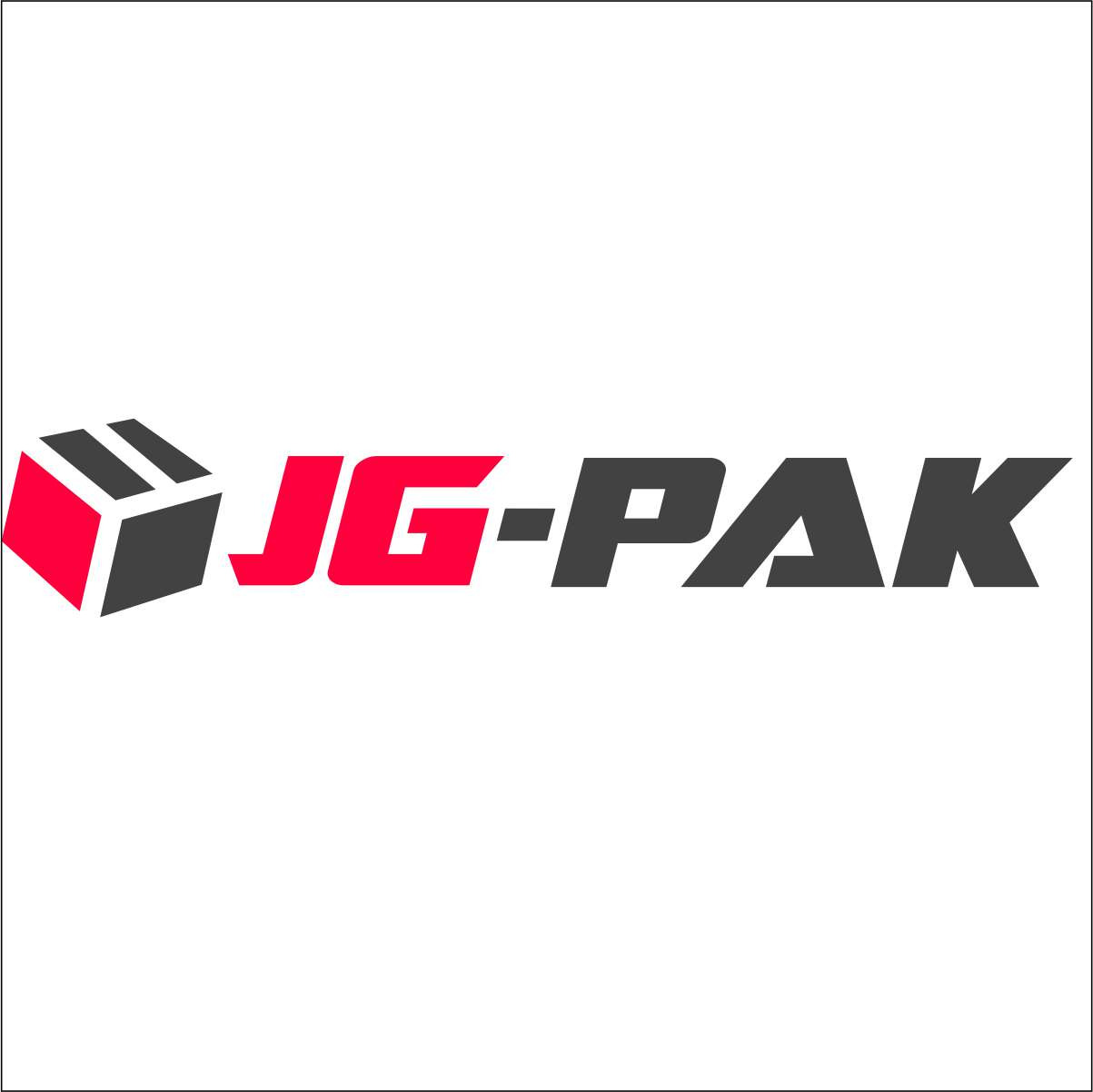 Grafika z logo JG-PAK: stylizowany sześcian w czerwieni i szarości z nazwą firmy w szarym, pogrubionym fontem na białym tle. Minimalistyczny design.