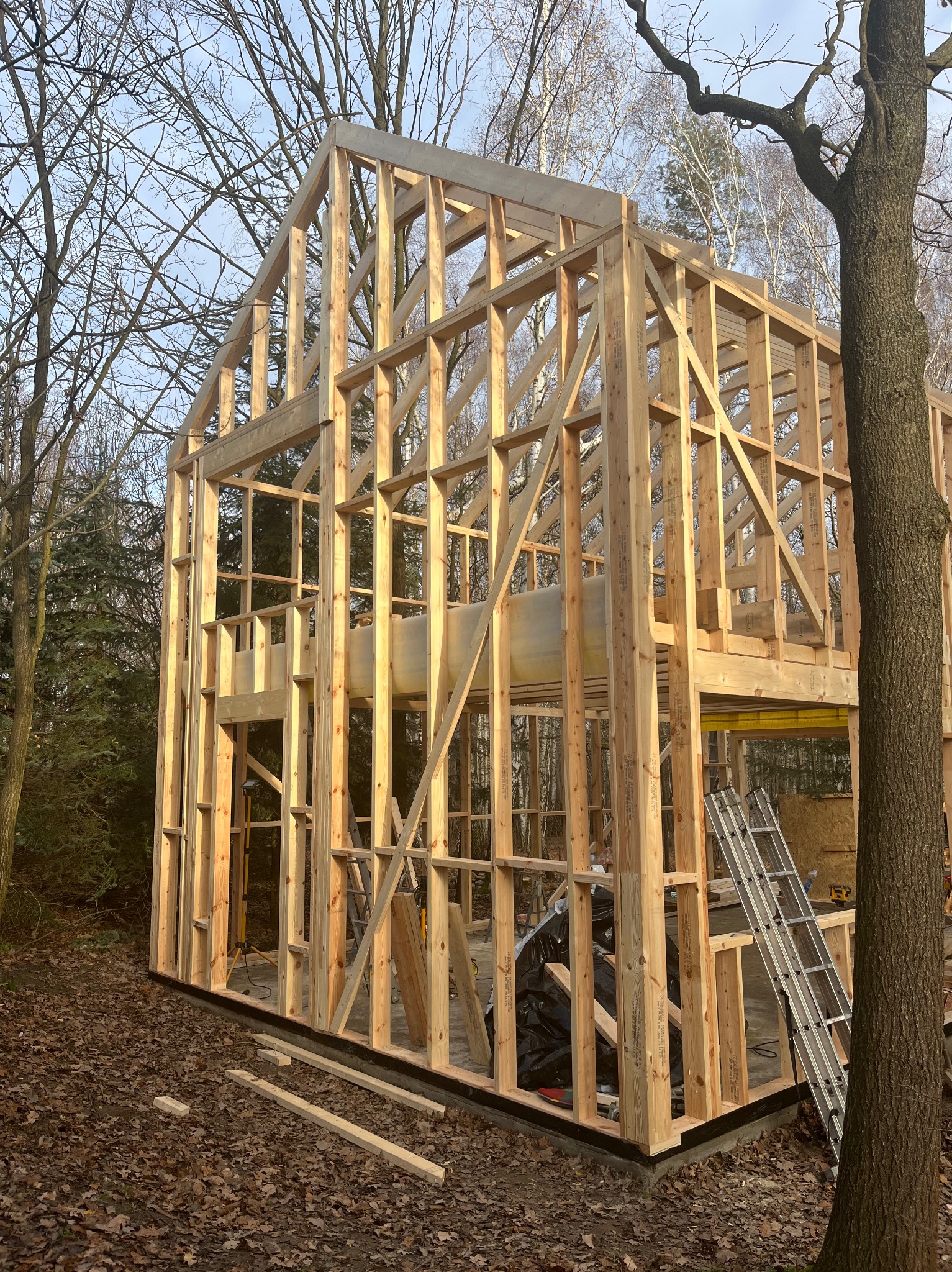 Konstrukcja szkieletowa domu w lesie, widok z zewnątrz. Drewniane elementy tworzą ramy ścian i dachu. Na ziemi leżą liście, obok stoi drabina.