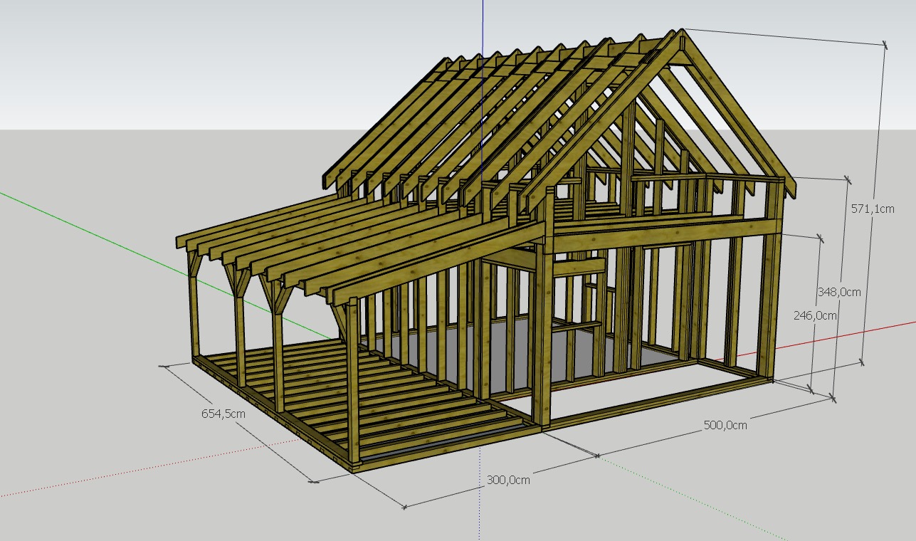 Szkielet drewniany domu w trakcie budowy, widok z boku, z wymiarami. Elementy konstrukcyjne z jasnego drewna na szarym tle. Widoczna konstrukcja dachu i ścian.
