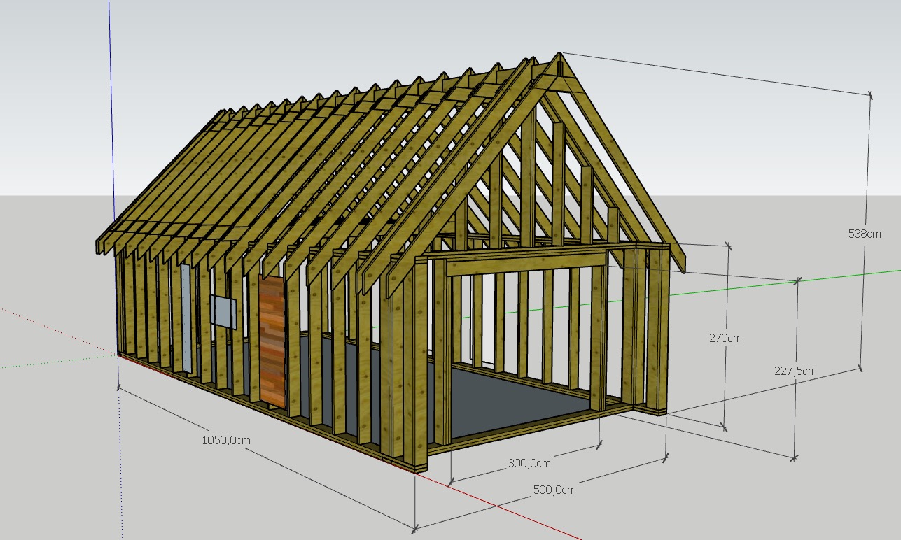 Szkielet domu w 3D: drewniana konstrukcja z wymiarami, widoczne słupy, krokwie i podłoga. Projekt domu szkieletowego z detalami konstrukcyjnymi.