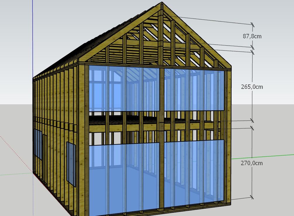 Dwukondygnacyjny szkielet domu z drewna, z zaznaczonymi wymiarami na elewacji frontowej, prezentowany w programie do projektowania 3D.