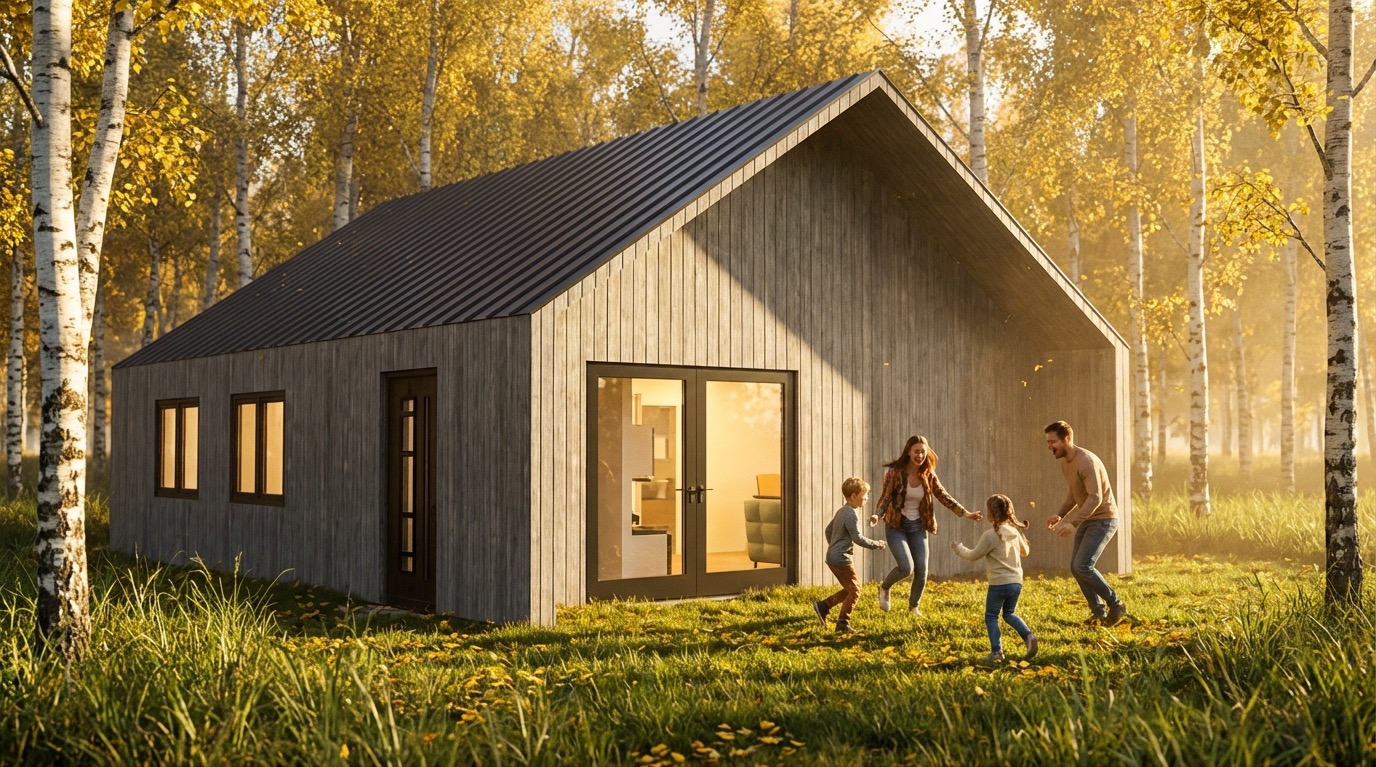 Nowoczesny dom szkieletowy z ciemnym dachem na tle brzozowego lasu. Rodzina bawi się na trawniku przed domem. Widoczne okna i drzwi.