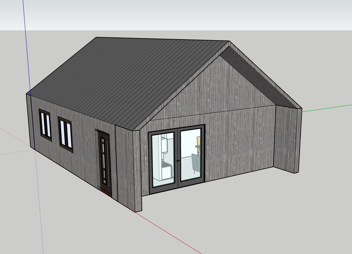 Wizualizacja 3D domu z drewnianą elewacją, ciemnym dachem i dużymi oknami. Widoczne wnętrze z meblami. Model w programie graficznym z widocznymi osiami.