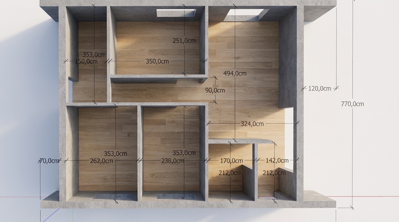 Przekrój 2D domu z betonu architektonicznego z wymiarami pomieszczeń, ukazujący układ ścian i podłóg z drewna. Widok z góry, surowe wykończenie.