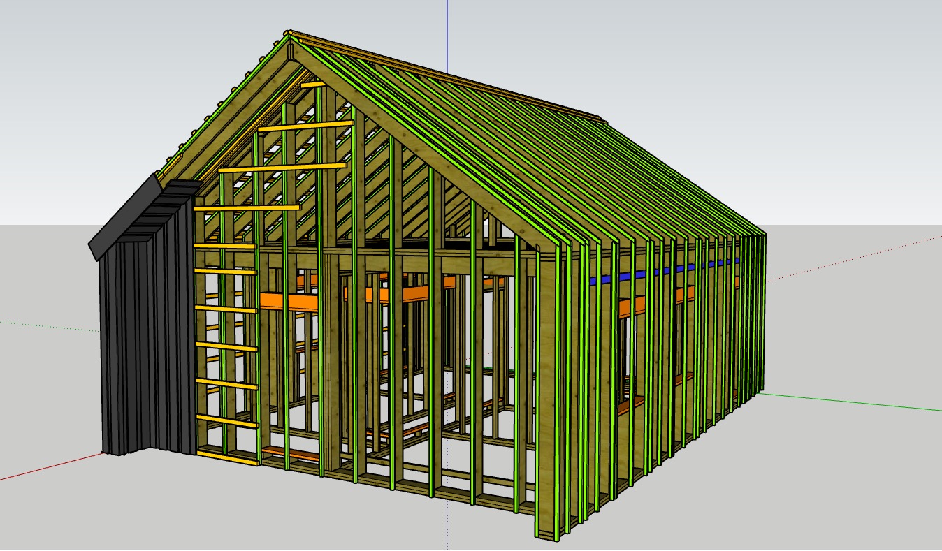 Szkielet domu w trakcie budowy, widoczne drewniane elementy konstrukcyjne, ściany bez wykończenia, zarys okien. Model 3D prezentujący etap budowy.