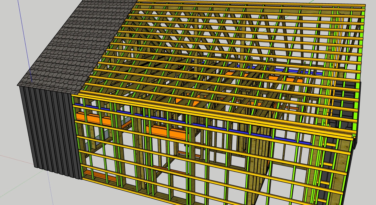 Szkielet domu w budowie, widok z góry ukazuje drewnianą konstrukcję dachu i ścian z elementami izolacji w kolorach pomarańczowym i niebieskim. Częściowo pokryty dachówką.