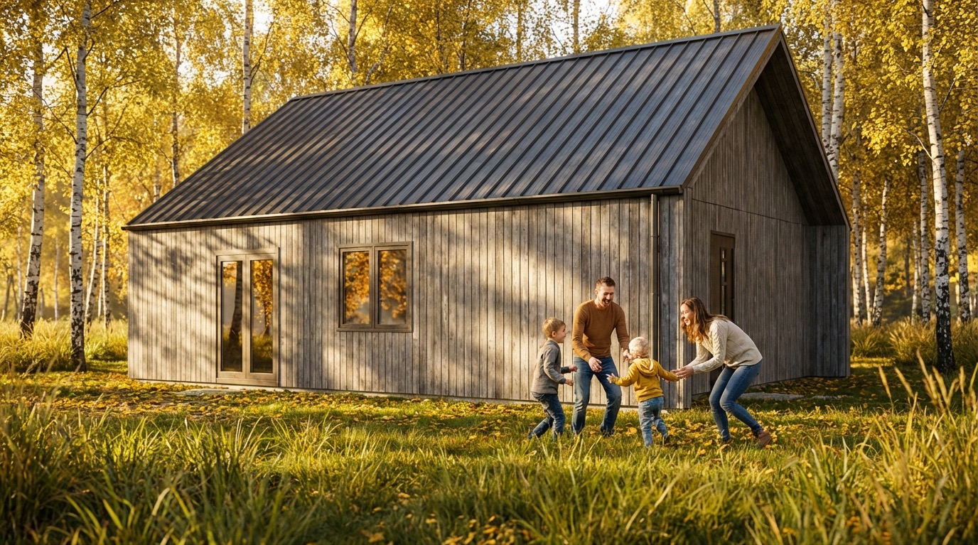 Rodzina bawi się przed nowoczesnym domem z szarego drewna i ciemnym dachem na tle jesiennego lasu. Widoczne duże okna i drzwi.