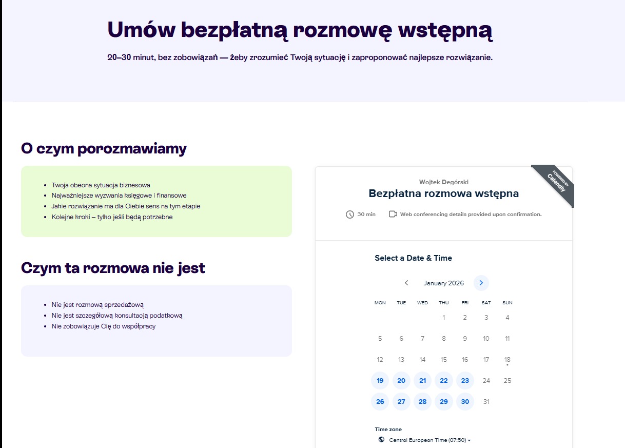 Bezpłatna rozmowa wstępna z Wojtkiem Degórskim, umówiona przez Calendly. Informacje o temacie rozmowy i kalendarz z wyborem daty na styczeń 2026.