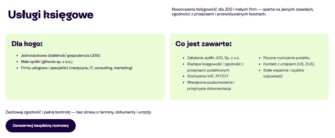 Grafika informacyjna o usługach księgowych dla JDG, małych spółek i firm usługowych, z wyszczególnieniem zakresu usług i wezwaniem do rezerwacji rozmowy.