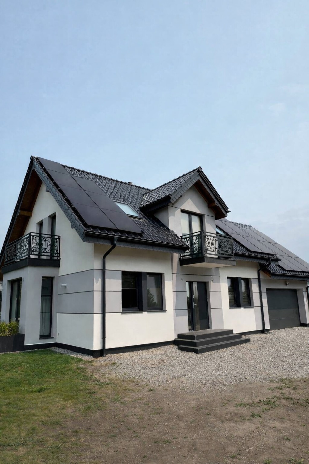 Nowoczesny dom jednorodzinny z szarą elewacją, czarnymi oknami i panelami słonecznymi na dachu, otoczony zielonym trawnikiem i szarym żwirem.