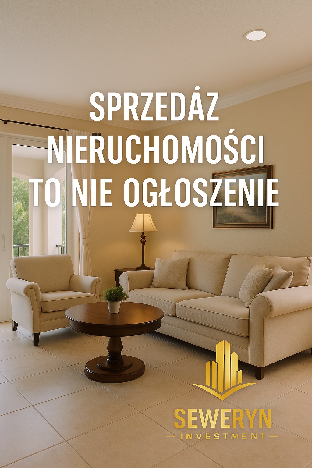 Jasne wnętrze salonu z beżową sofą i fotelem, okrągłym stolikiem kawowym i subtelnym oświetleniem. Bielsko-Biała. Tekst: Sprzedaż nieruchomości to nie ogłoszenie.
