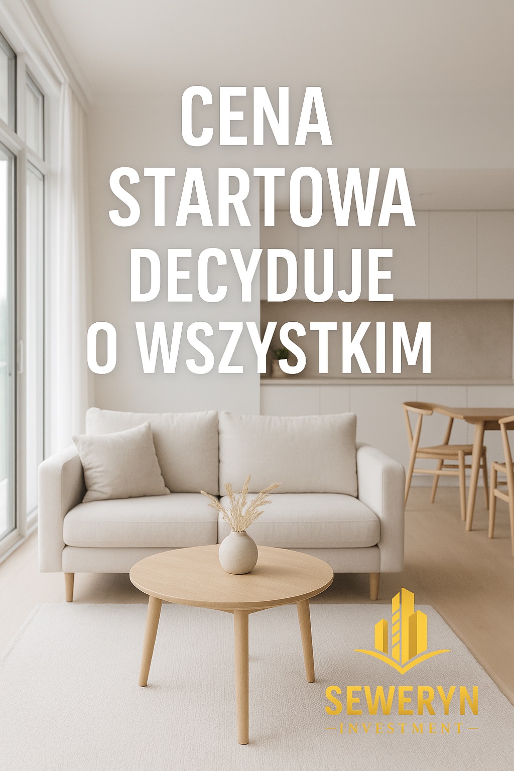 Jasne wnętrze z kanapą i stolikiem kawowym, minimalistyczny design. Na ścianie napis 'Cena startowa decyduje o wszystkim' i logo firmy inwestycyjnej.