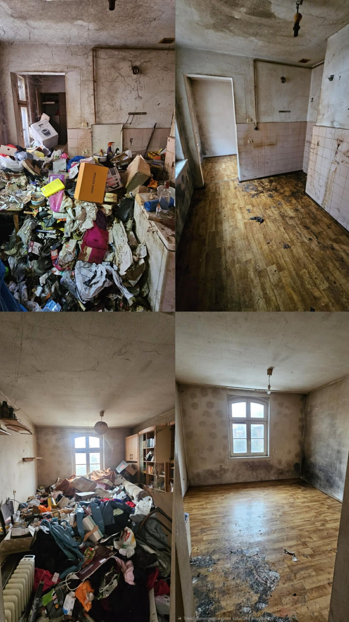 Kolaż 'przed i po' opróżniania mieszkania: zagracone pokoje kontra puste, odświeżone wnętrza z parkietem i oknami. Widoczne ślady po pożarze.