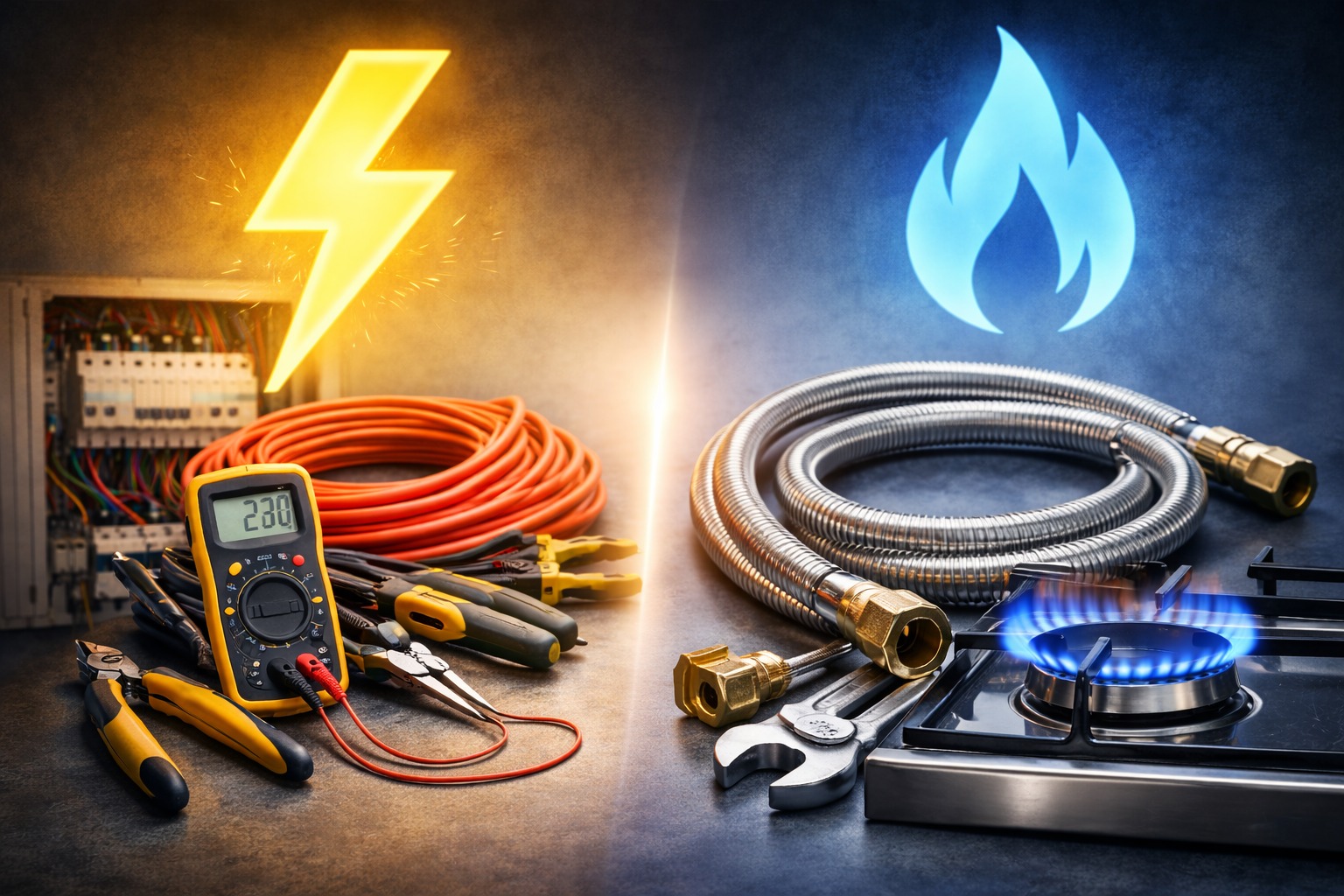 Elektryczne i gazowe narzędzia: multimetr, przewody, szczypce, klucz i wąż gazowy na tle skrzynki elektrycznej i palnika gazowego. Symbolika elektryczności i gazu.
