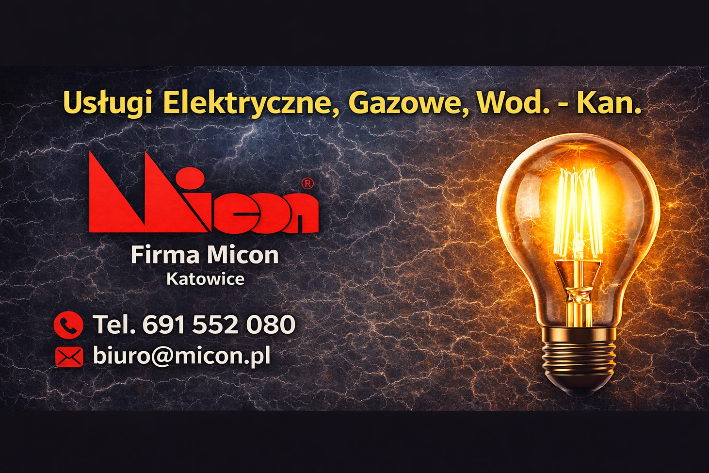 Wizytówka firmy Micon z Katowic oferującej usługi elektryczne, gazowe i wodno-kanalizacyjne. Widoczne logo, dane kontaktowe i grafika żarówki na tle imitującym wyładowania elektryczne.