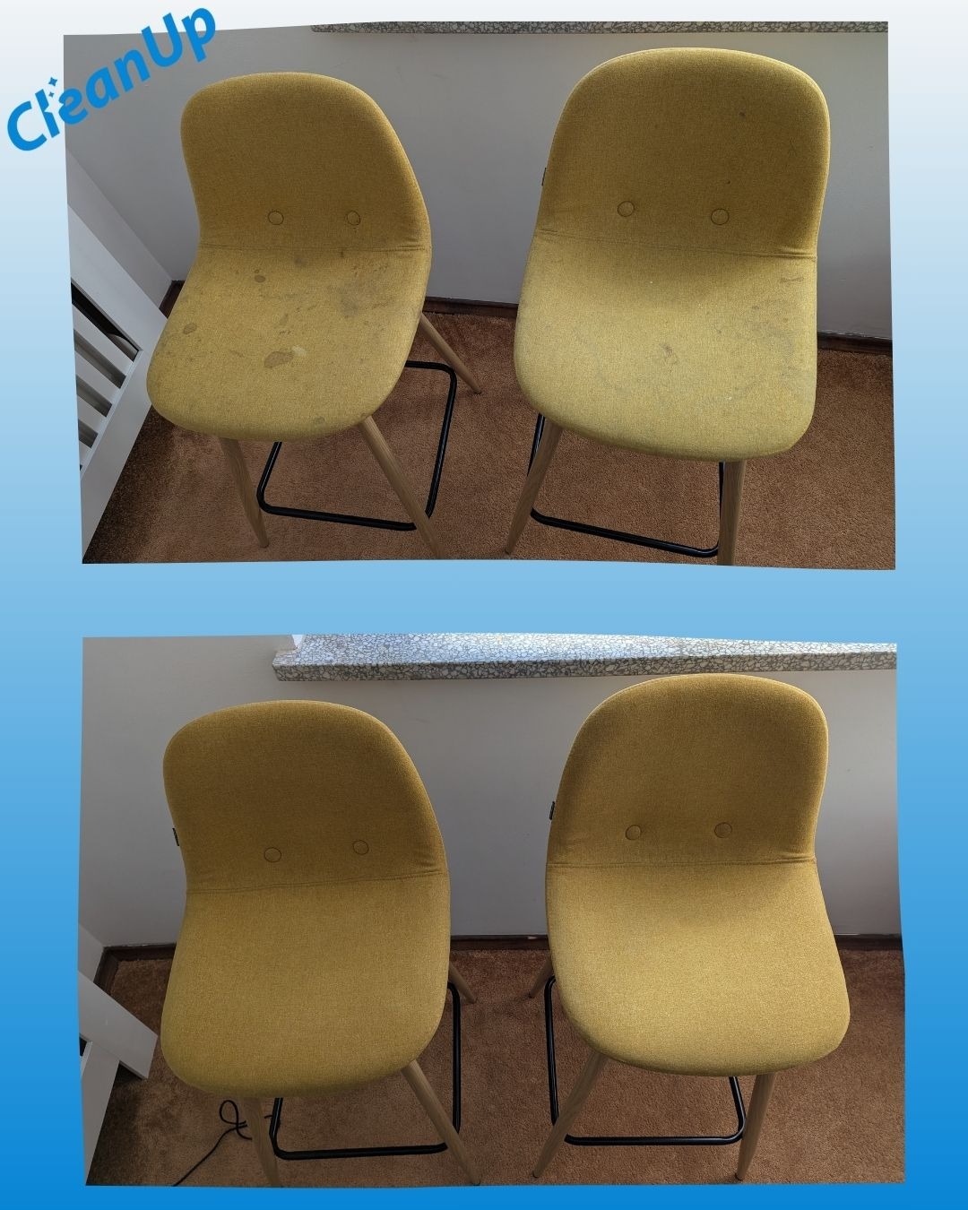 Dwa krzesła tapicerowane: po lewej zabrudzone, po prawej czyste. Układ przed i po praniu tapicerki. Widoczne różnice w kolorze i czystości materiału.