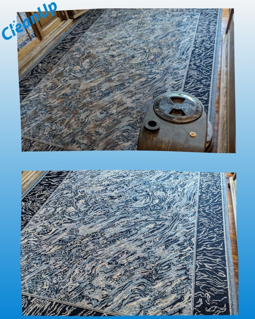 Dwa ujęcia tego samego wzorzystego dywanu: przed i po czyszczeniu. Na górnym zdjęciu widoczny fragment maszyny czyszczącej. Dywan z ciemną bordiurą.