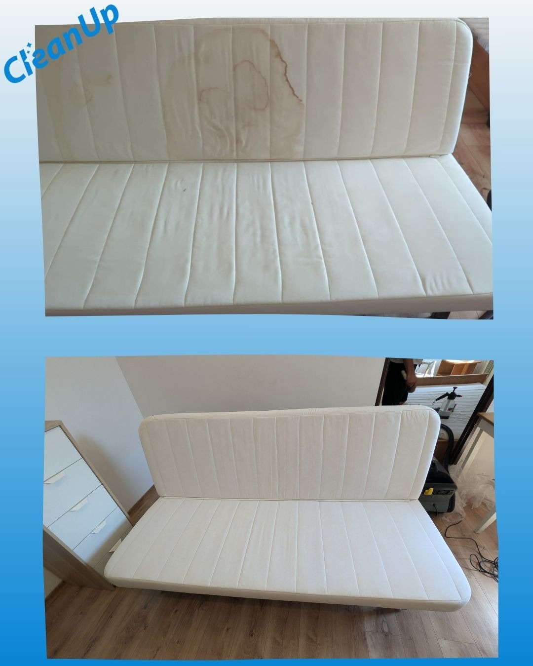 Zdjęcie 'przed i po' prania białej kanapy z widocznymi plamami na górnym ujęciu i czystą tapicerką na dolnym, ukazujące efekt usługi czyszczenia.