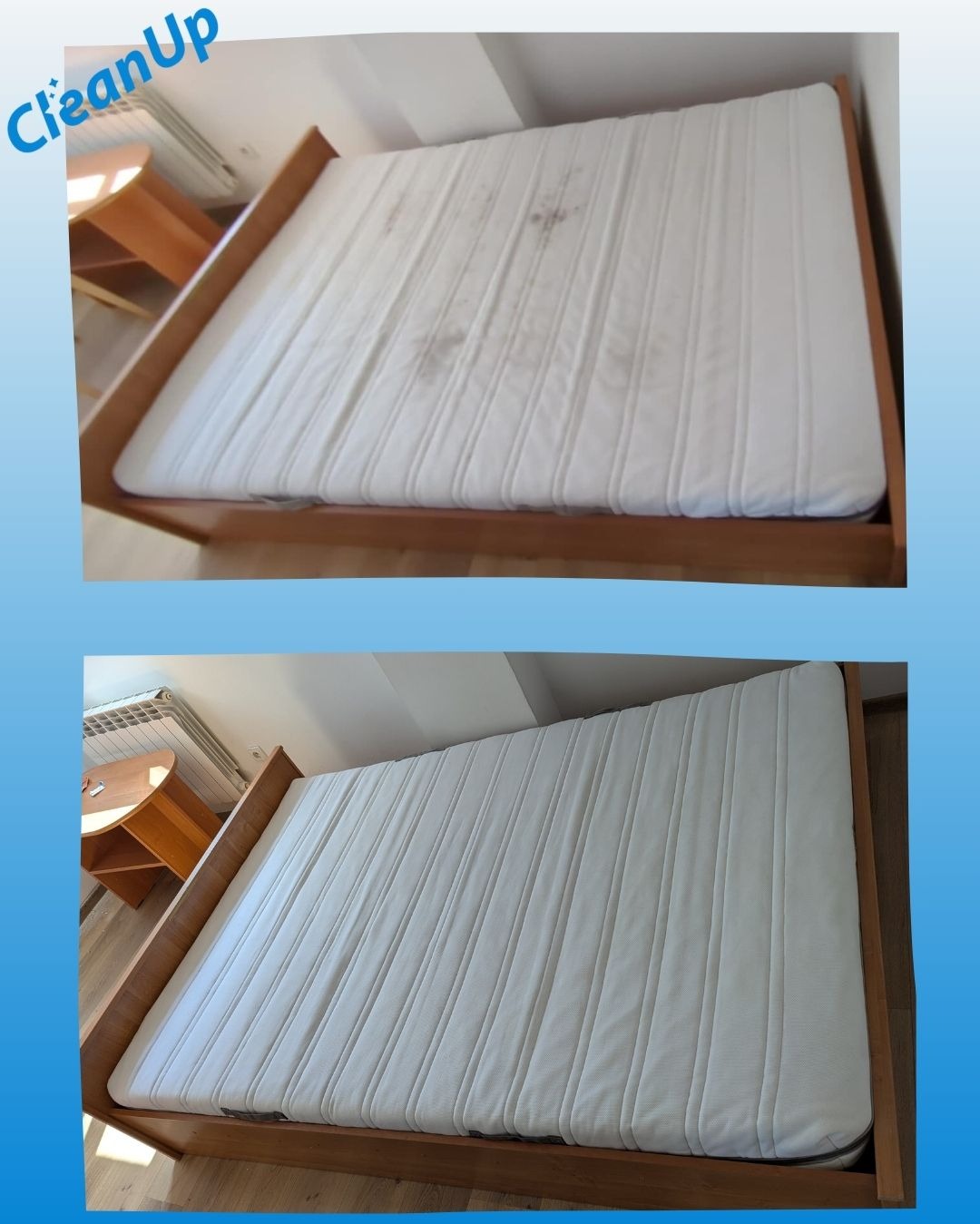 Materac na drewnianym łóżku: góra z plamami, dół czysty po praniu. Widok z góry, jasne wnętrze, okrągły stolik w tle. Efekt czyszczenia materaca.