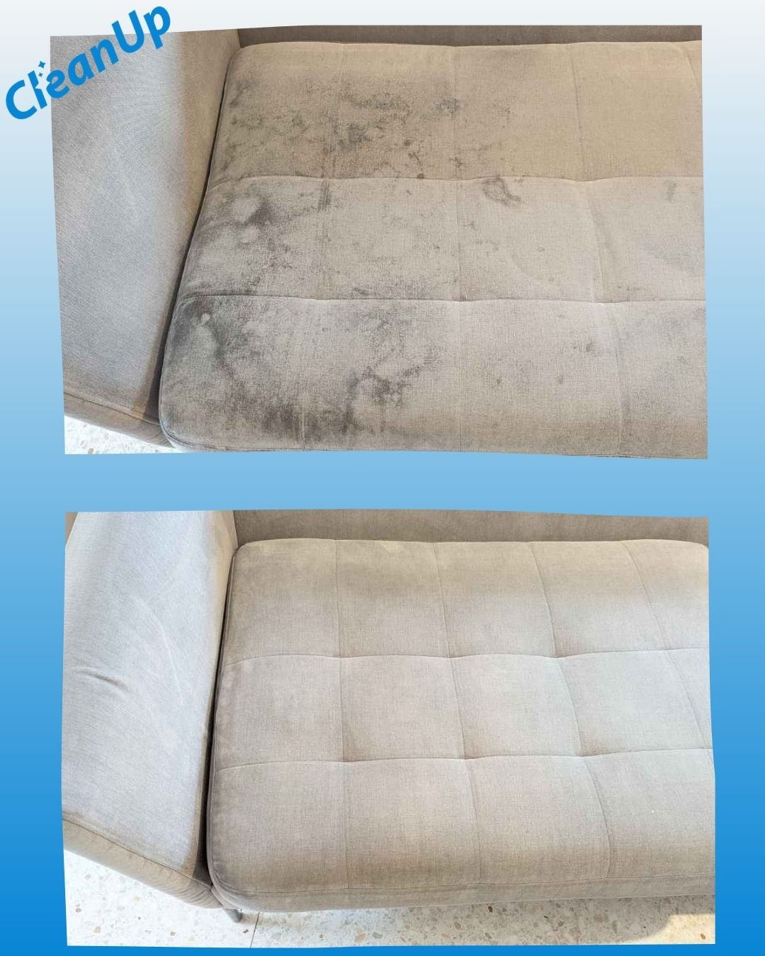 Sofa tapicerowana: góra - silne zabrudzenia, dół - po czyszczeniu, widoczna różnica w kolorze i brak plam. Efekt prania tapicerki.