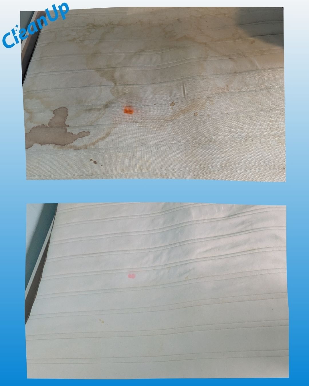 Materac przed i po czyszczeniu: widoczne plamy usunięte, odświeżona biel. Porównanie stanu zabrudzonego i wyczyszczonego materaca z bliska.