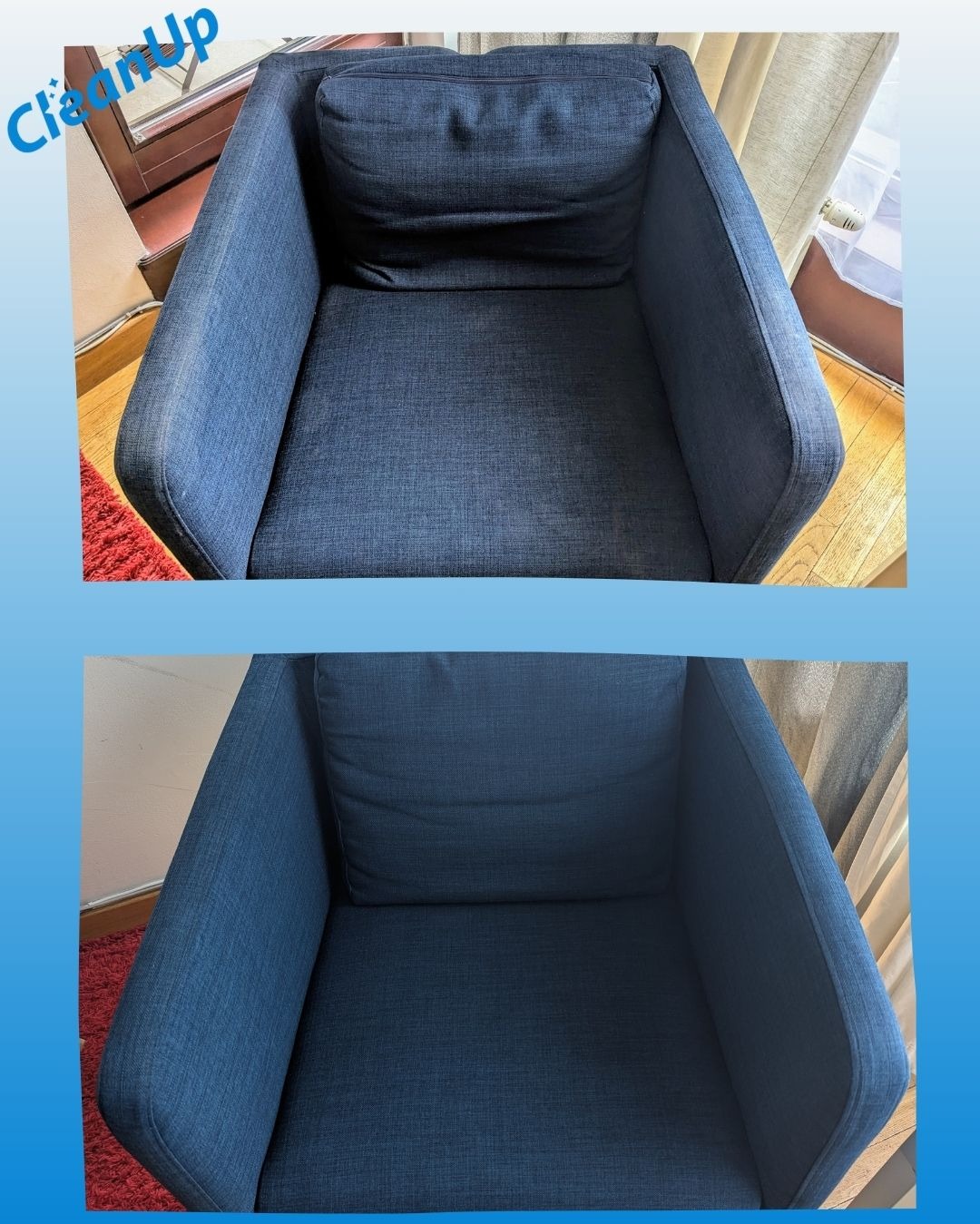 Kadr 'przed i po' przedstawia granatowy fotel. Górna część zdjęcia ukazuje fotel z widocznymi plamami, dolna część prezentuje fotel po czyszczeniu, bez plam.