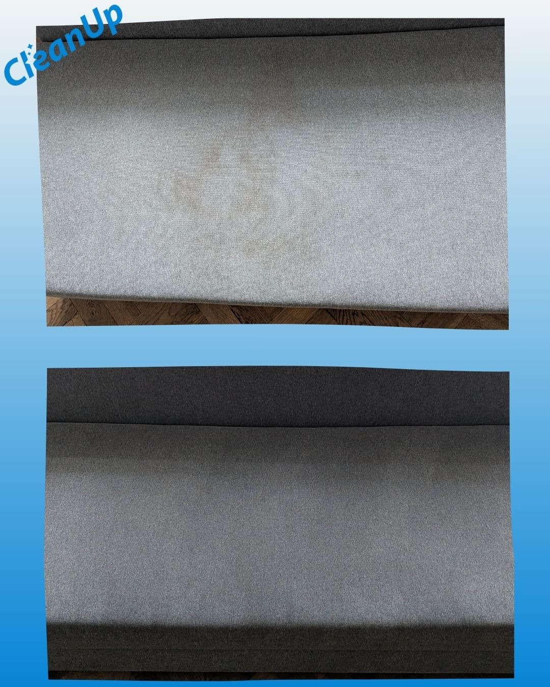 Dwa ujęcia tej samej szarej kanapy: górne z plamami, dolne po czyszczeniu, bez plam. Układ 'przed i po' na niebieskim tle.