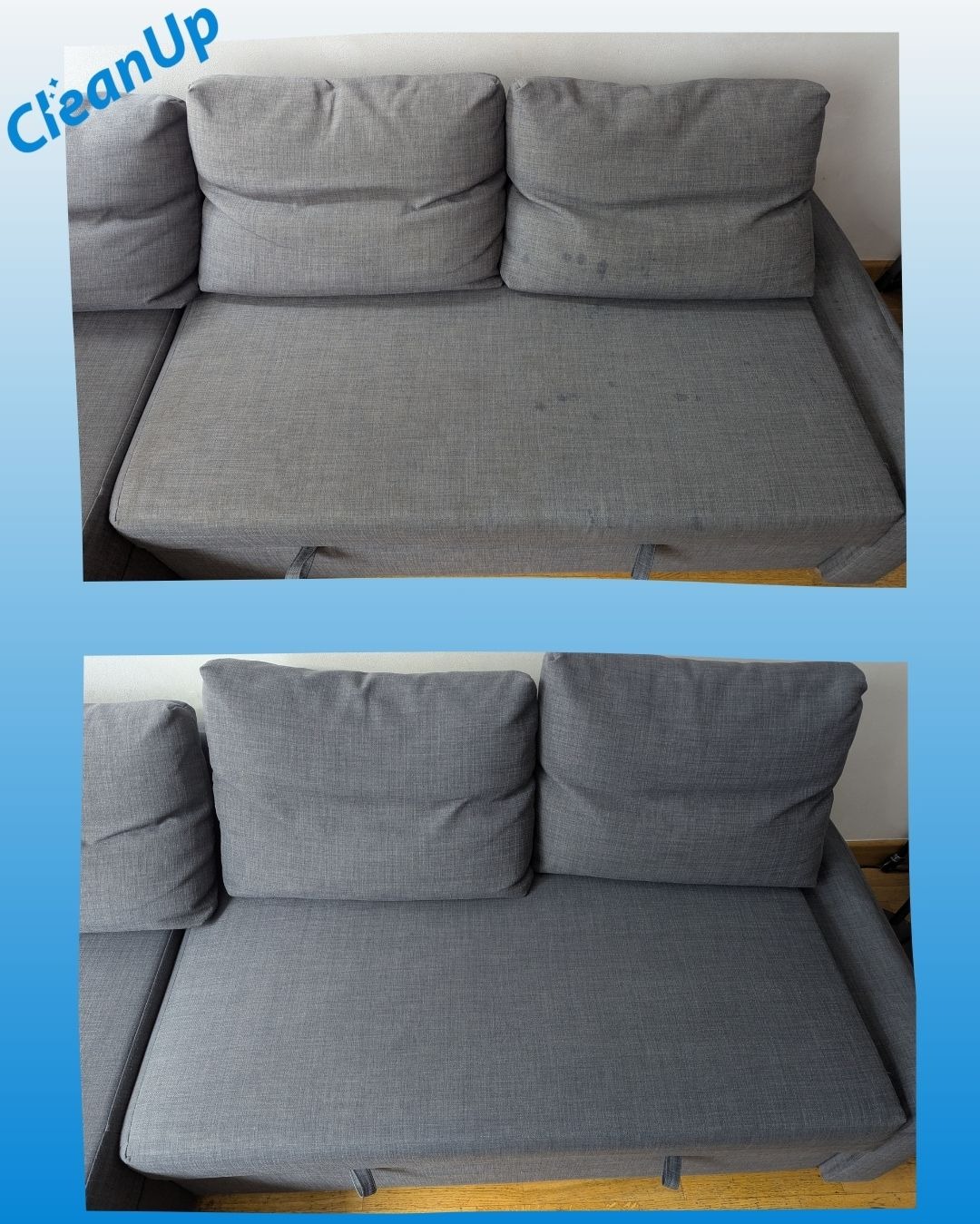 Szara kanapa przed i po czyszczeniu. Widoczne plamy na siedzisku przed zabiegiem, które zniknęły po profesjonalnym praniu tapicerki. Efekt 'przed i po' na jednym zdjęciu.