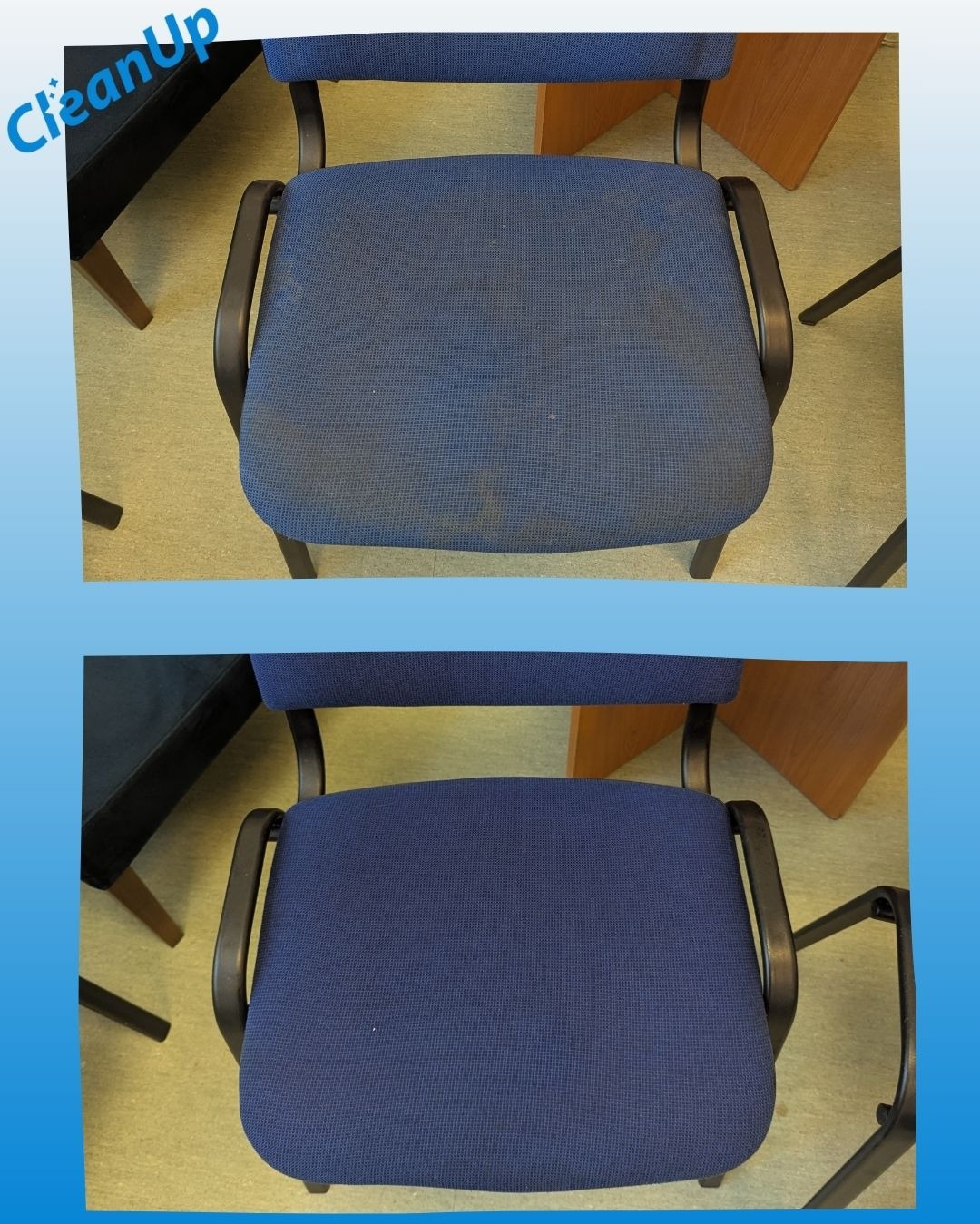 Krzesełko biurowe tapicerowane, widok z góry, prezentujące efekt czyszczenia: część górna - przed, z widocznymi plamami, część dolna - po, czyste, odświeżone.