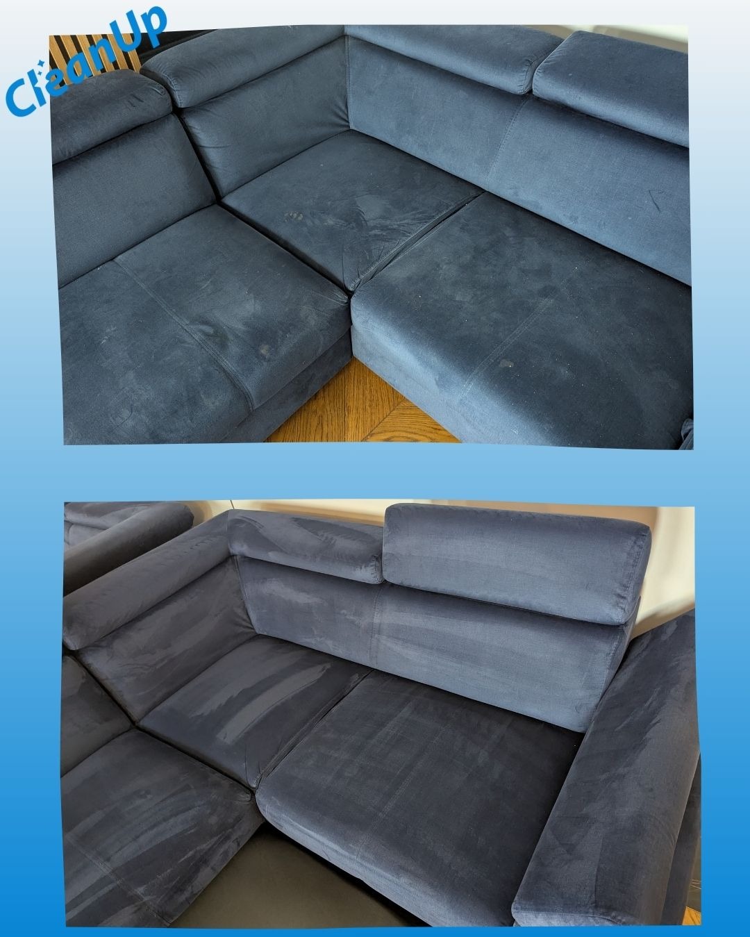 Dwuczęściowe ujęcie narożnika z ciemnej tkaniny: górna część pokazuje zabrudzenia, dolna - efekt po czyszczeniu, ukazując odświeżony wygląd.