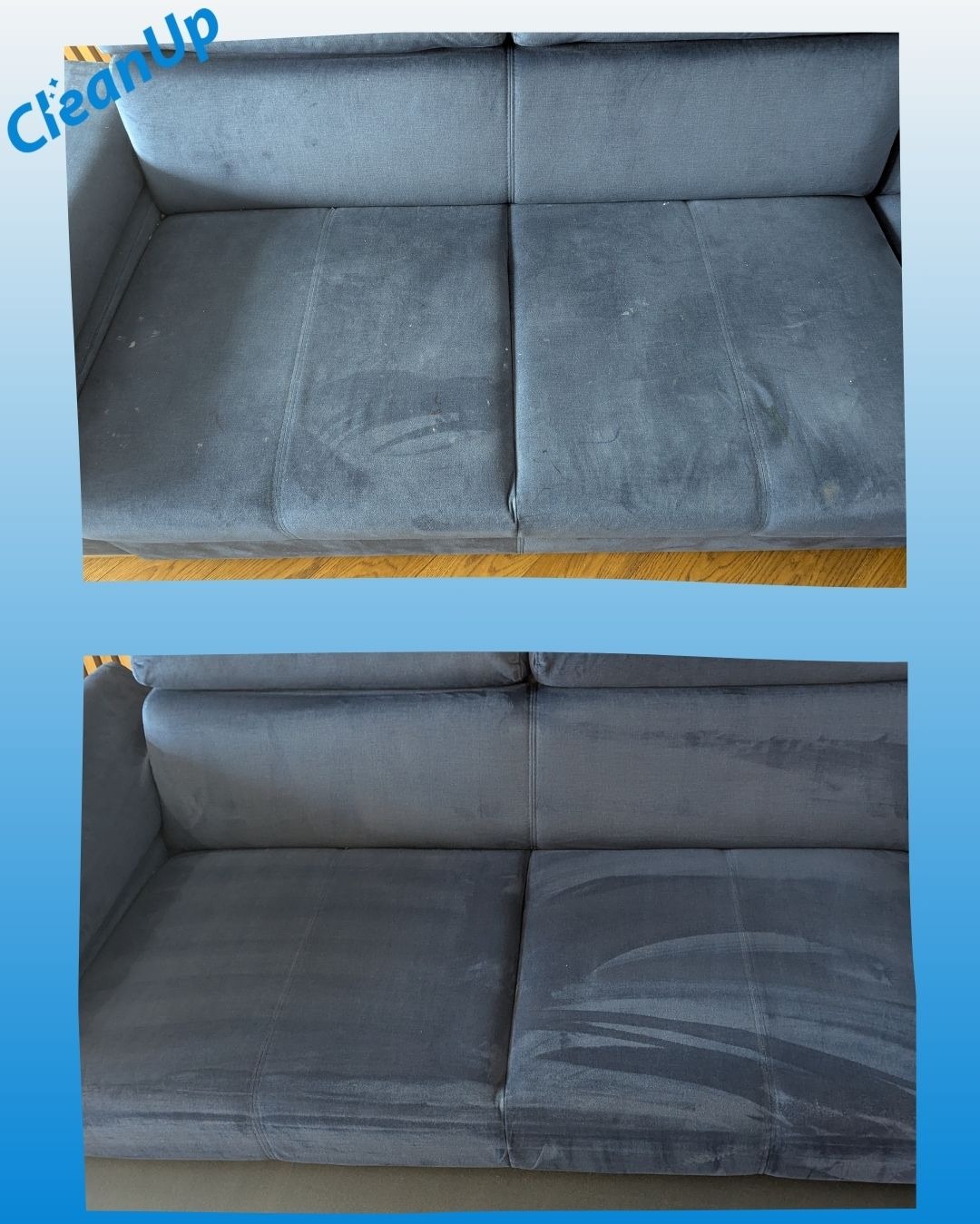 Szara kanapa przed i po czyszczeniu. Widoczne plamy na górnym zdjęciu i czysta tapicerka na dolnym. Efekt prania tapicerki, ukazujący różnicę w wyglądzie.