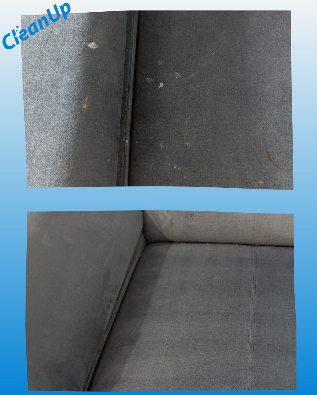 Szara sofa: górny kadr z plamami, dolny po czyszczeniu, widoczna różnica w czystości tapicerki. Efekt usługi czyszczenia mebli tapicerowanych.