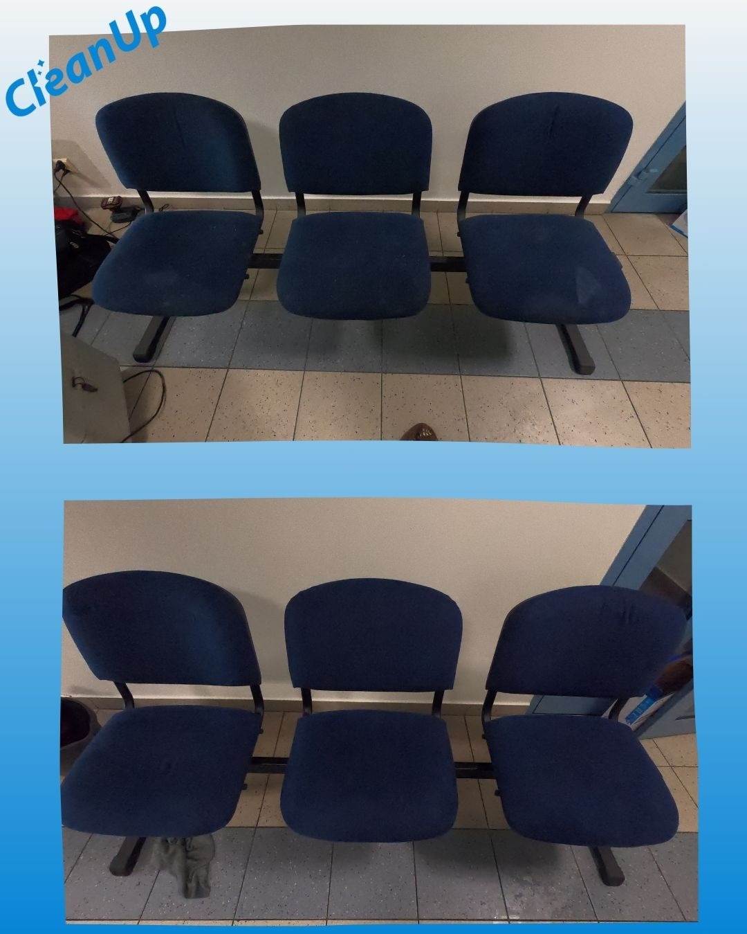 Trzy krzesła tapicerowane na metalowej ramie, ujęcie przed i po czyszczeniu, ukazujące różnicę w odcieniu i usunięcie plam na siedziskach.