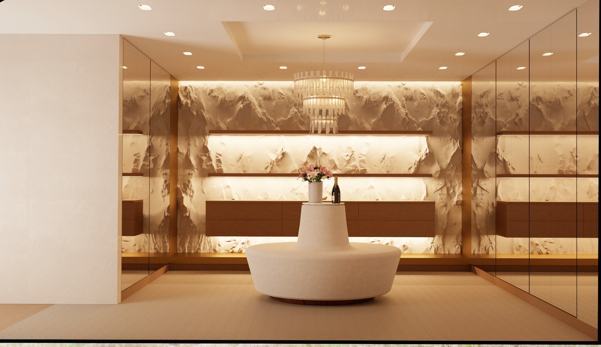 Ekskluzywna garderoba z marmurową ścianą, oświetlonymi półkami i okrągłą sofą. Centralnie umieszczony żyrandol i dekoracje dodają elegancji.