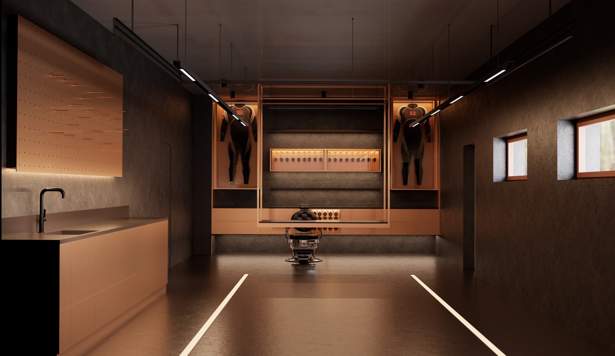 Nowoczesny garaż z elementami garderoby: wnęki z kombinezonami do nurkowania, szafki, umywalka i oświetlenie liniowe. Minimalistyczny design w odcieniach szarości i miedzi.