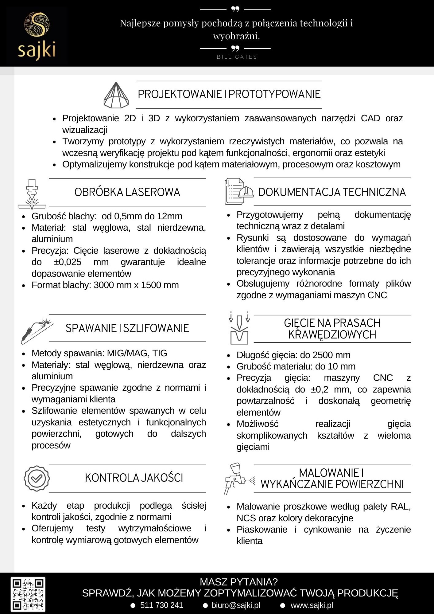 Infografika prezentująca zakres usług firmy: projektowanie 2D/3D, obróbka laserowa, spawanie, gięcie CNC, malowanie, kontrola jakości i dokumentacja techniczną.