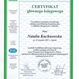 Certyfikat Głównego Księgowego wydany przez Stowarzyszenie Księgowych w Polsce.